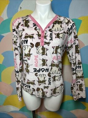 Grumpy Cat Pink Cat Print Henley Pajama Top Sz S